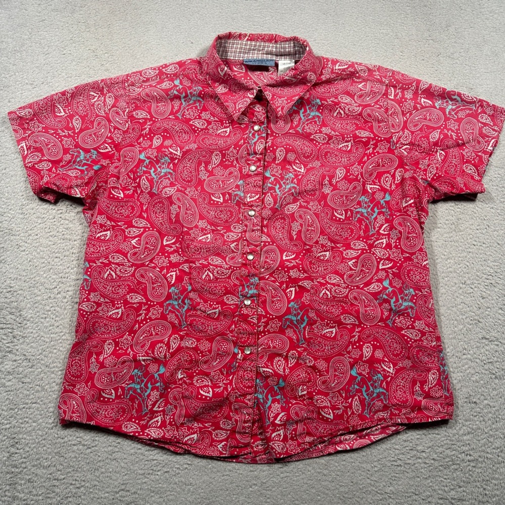 Vintage Y2K Wrangler Shirt  Womens L Muted Red Paisley Western Pearl Snap Top